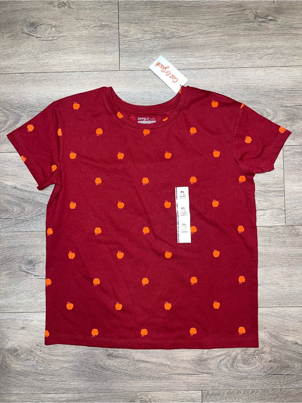 NWT Cat & Jack Kids Girls Apple Print T-Shirt Burgundy Kid Size XL (14)